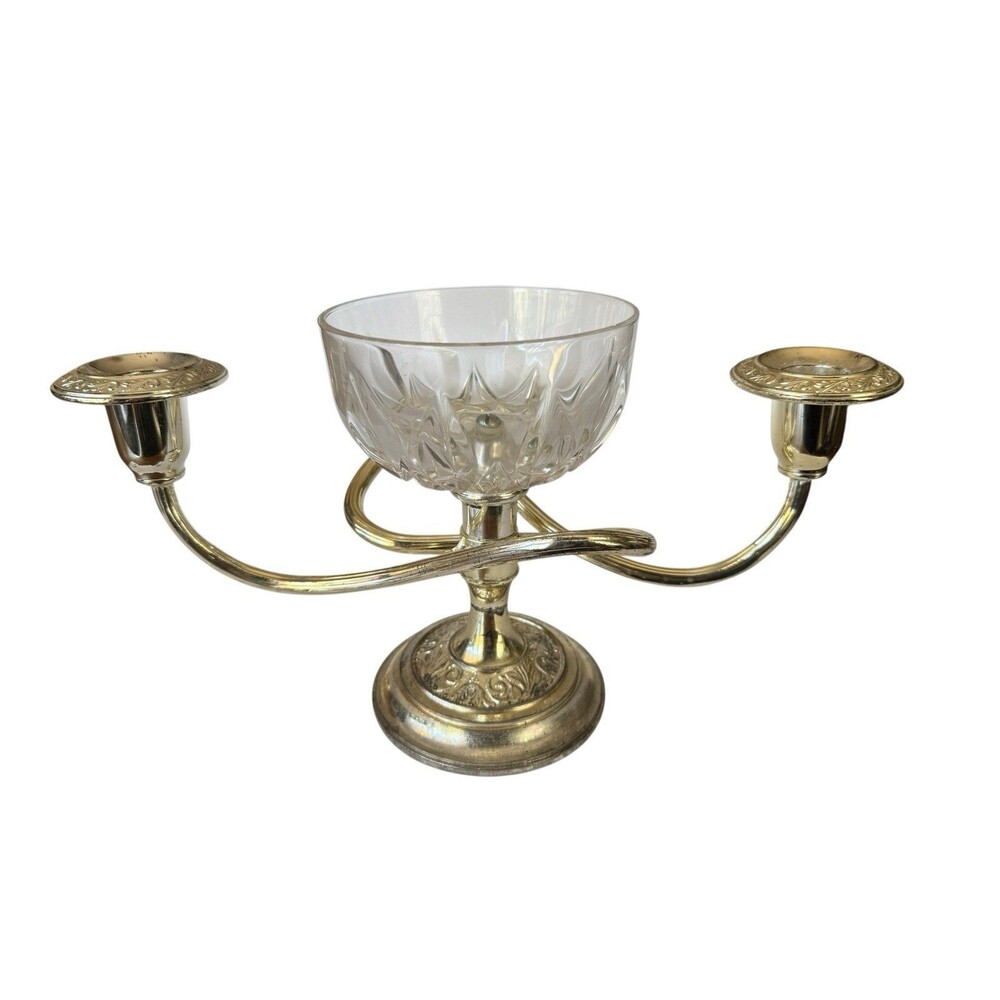 Vintage Epergne Candelabra Silver Plated Center Crystal bowl Two Arm Twisting